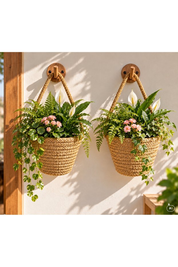 Artificial Flower Pot 2-Piece Flower Pot Basket 12X10 cm Plants and Wooden Hanging Accessories Are Not Included