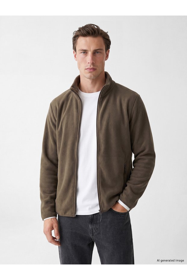 Ozmarka New Season Khaki Stand Collar Men's Fleece Zippered Sweatshirt