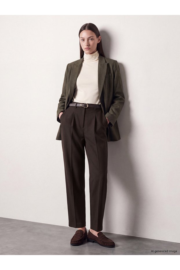 Peak New Season Brown Waist-Belted Carrot-Cut Women's Fabric Pants