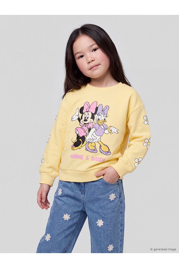 Ozmarka New Season Yellow Crew Neck Printed Girls' Sweatshirt