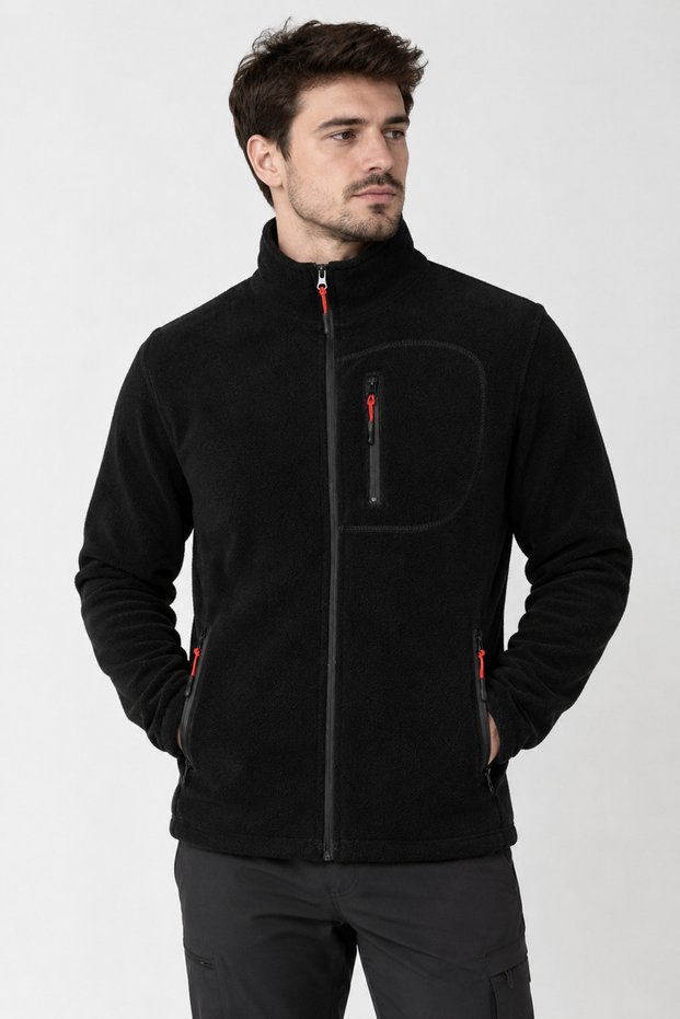 Unisex Black Bato Collar Full Zipper Fleece Jacket