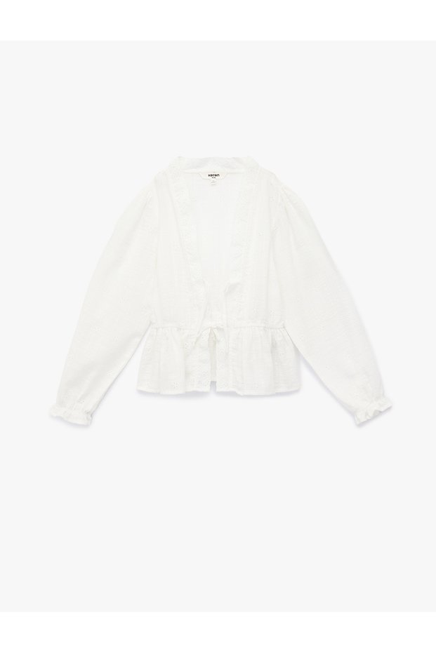 V-Neck Long Sleeve Ruffled Cotton Oversized Shirt