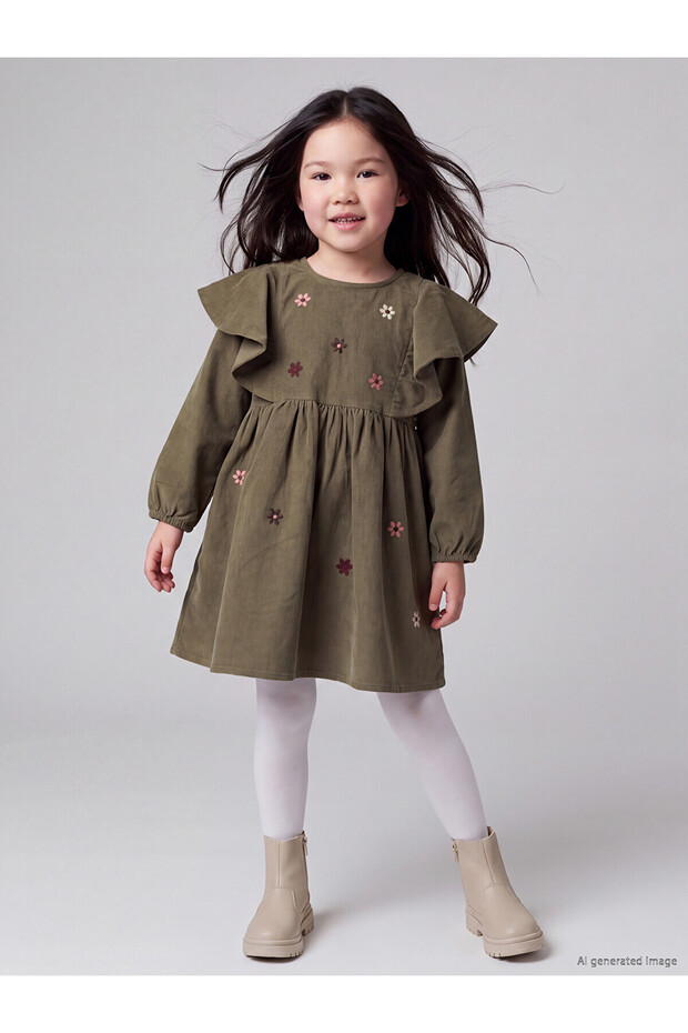 Özmarka New Season Khaki Embroidered Girls' Dress