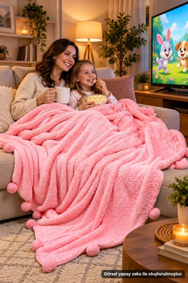 200 X 220 Cm Plush TV Blanket with Pompom