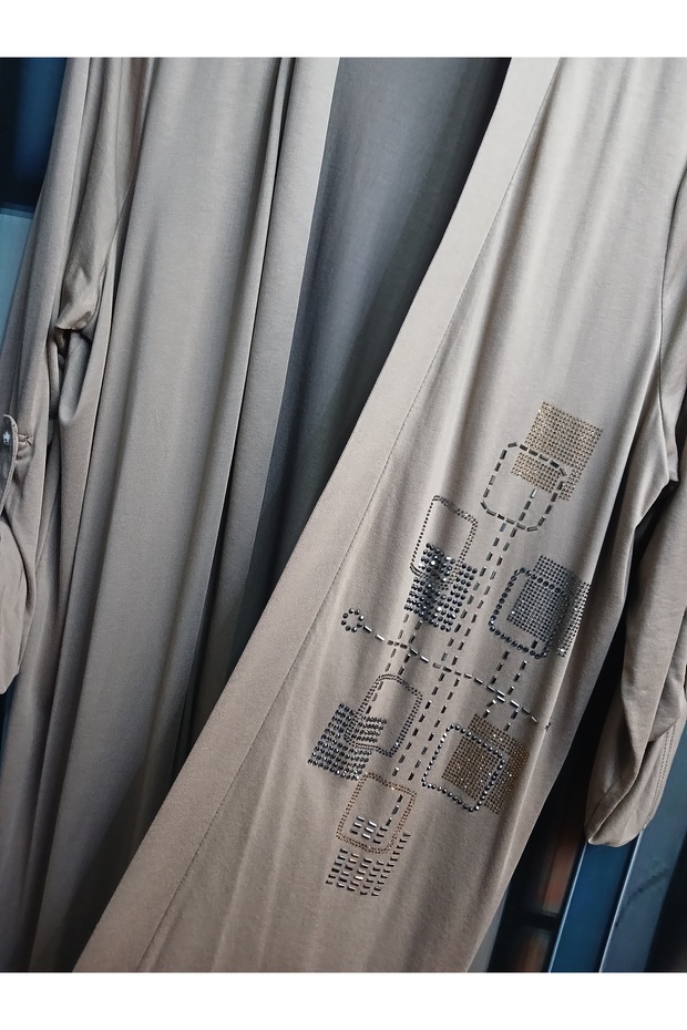 Plus Size Light Brown Stone Embroidered Seasonal Cardigan