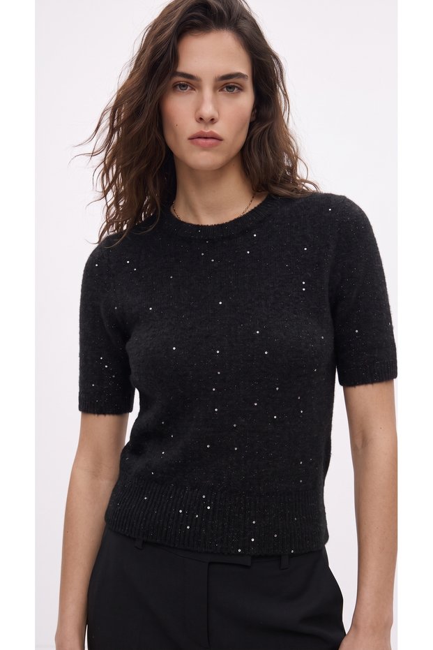 Women's Stone Detailed Crew Neck Short Sleeve Crop Knit Sweater