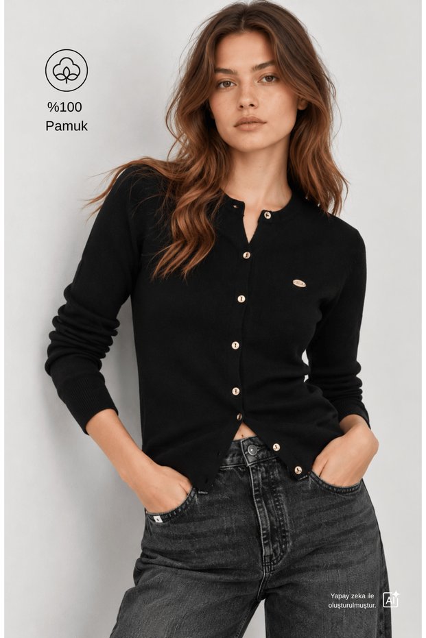 Nova Black Crew Neck Metal Logo 100% Cotton Standard Fit Women's Cardigan