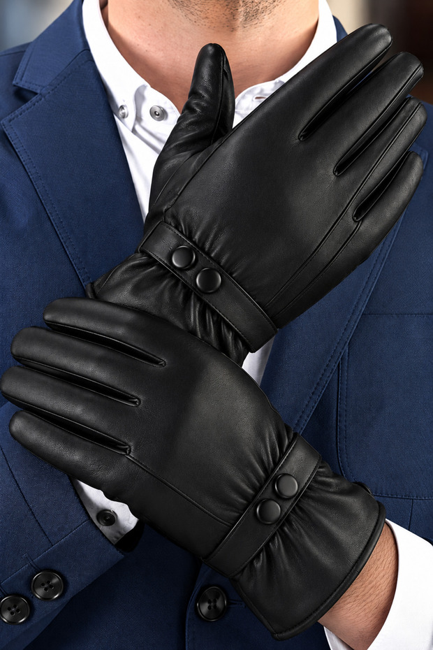 Men's Imported Black Leather Gloves 1St Grade Classroom-Friendly Fleece-Lined Touchscreen-Compatible Snow Gloves