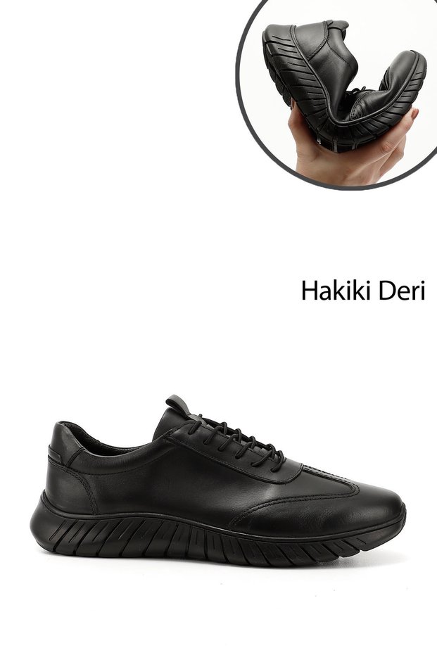 Men's Black Lace-Up Rubber Sole Genuine Leather Sneakers