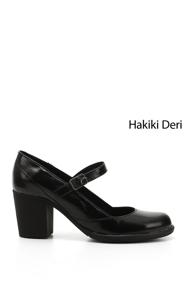 Women's Black Patent Leather Blunt Toe Medium Thick Heeled Genuine Leather Shoes