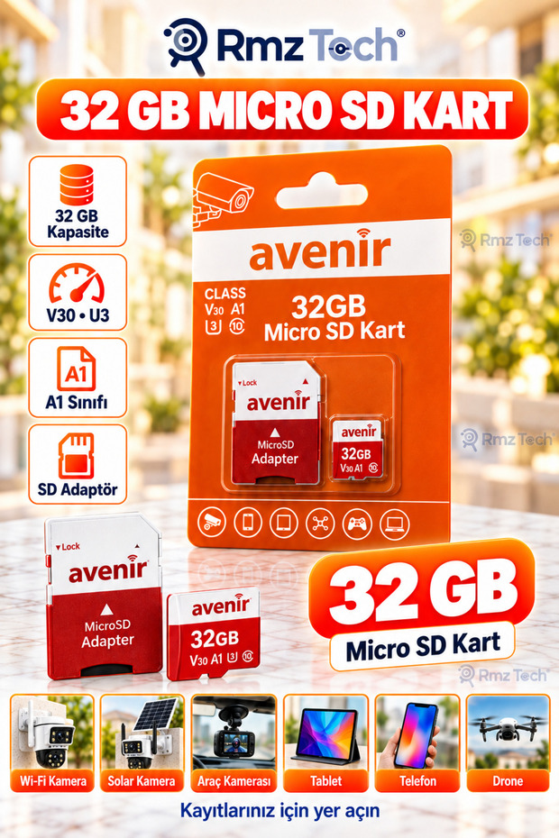 Avenir Av-Sd32 Class 10 U3 A1 V30 32 Gb Micro Sd Memory Card with Sd Adapter Compatible for Wi-Fi Solar and Dash Cam