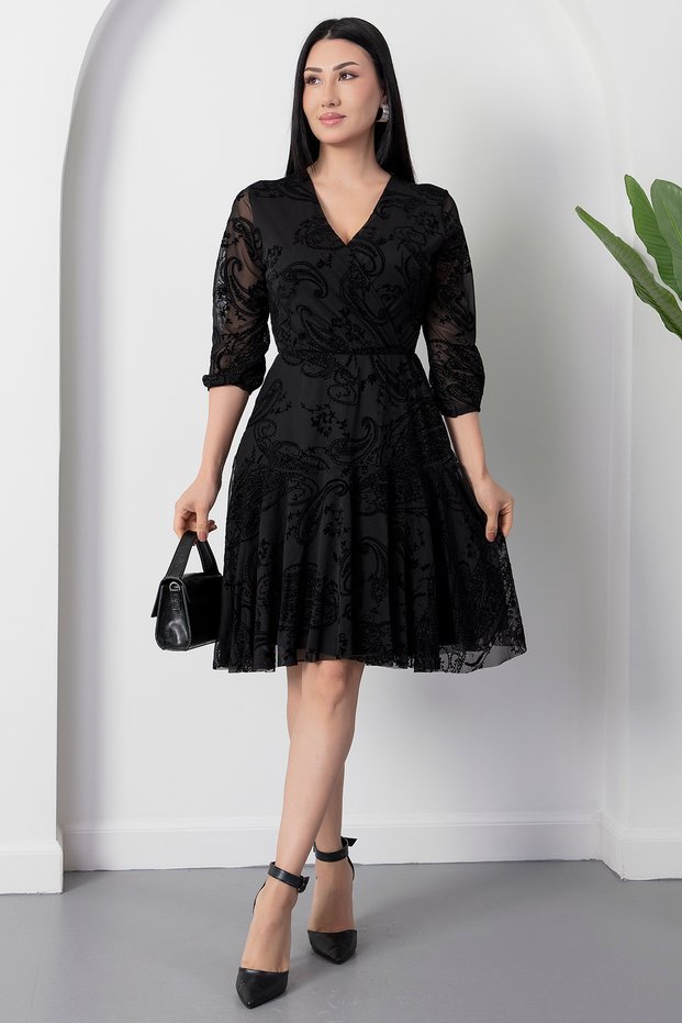 Double-Breasted Collar Long Flocked Printed Tulle Dress Dks1400