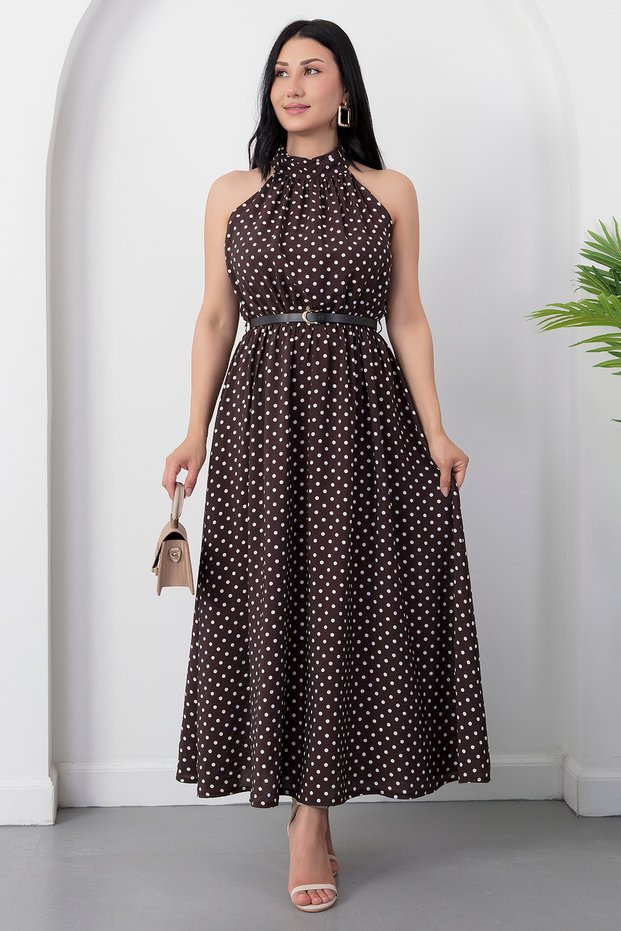 Halter Neck Leather Belted Polka Dot Dress K-261729