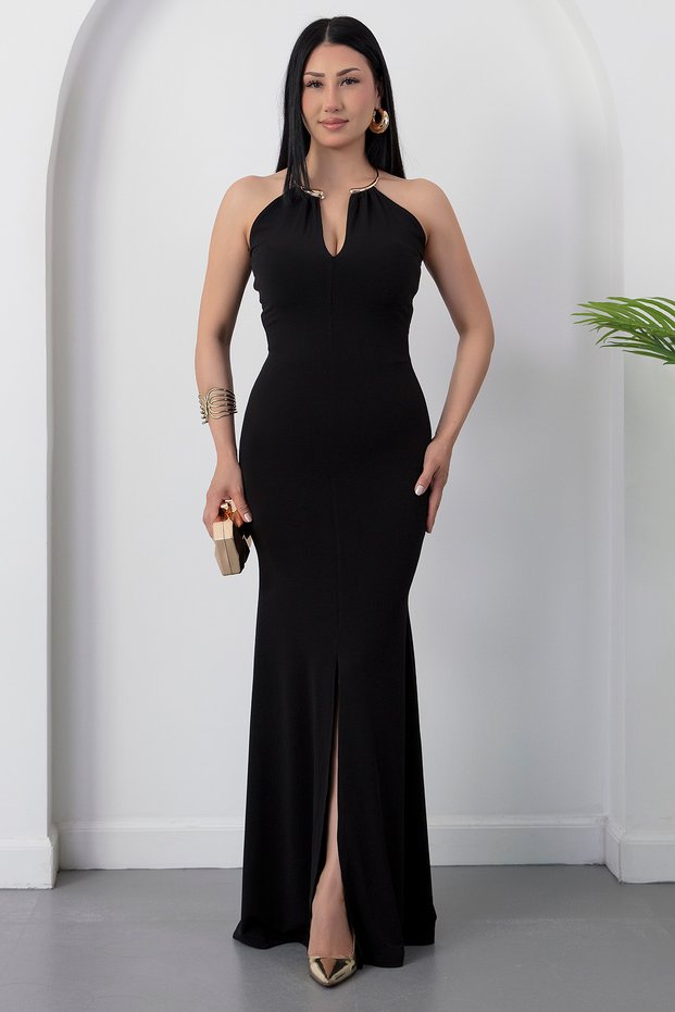 V-Neck Metal Neck Collar Sandy Dress K-261749