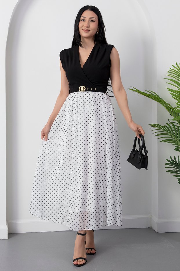 Double-Breasted Collar Belted Polka Dot Chiffon Dress Grs3911