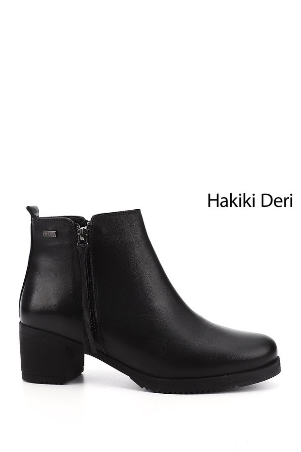 Women's Black Zippered Thick Heeled Genuine Leather Boots