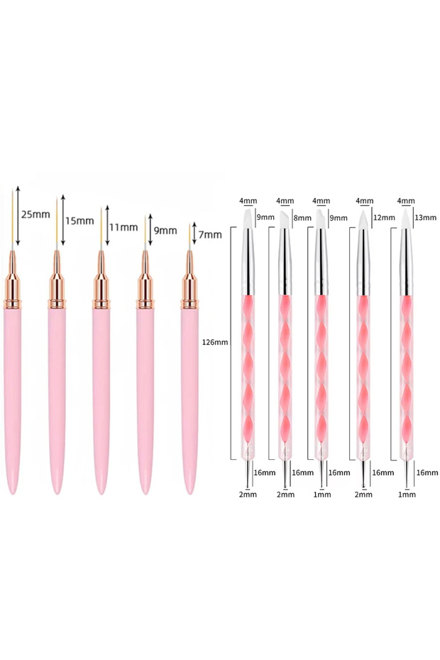 Pink 10Pcs Nail Liner Brush Set UV Gel Nail Brushes Kits Silicone Point Flower Nail Pen French Strip