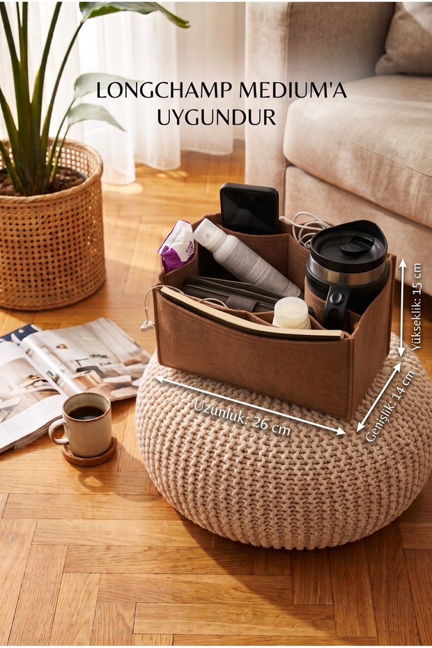 Long.. m Canta Icin Tek Suluklu Organizer with Silk Lining Brown Color 26X15X14 Dimensions (Length X Height X Width)