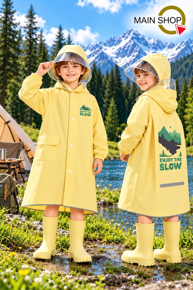 4 Color Children's Raincoat with Transparent Visor, Snap Fasteners and Zippered Carrying Bag