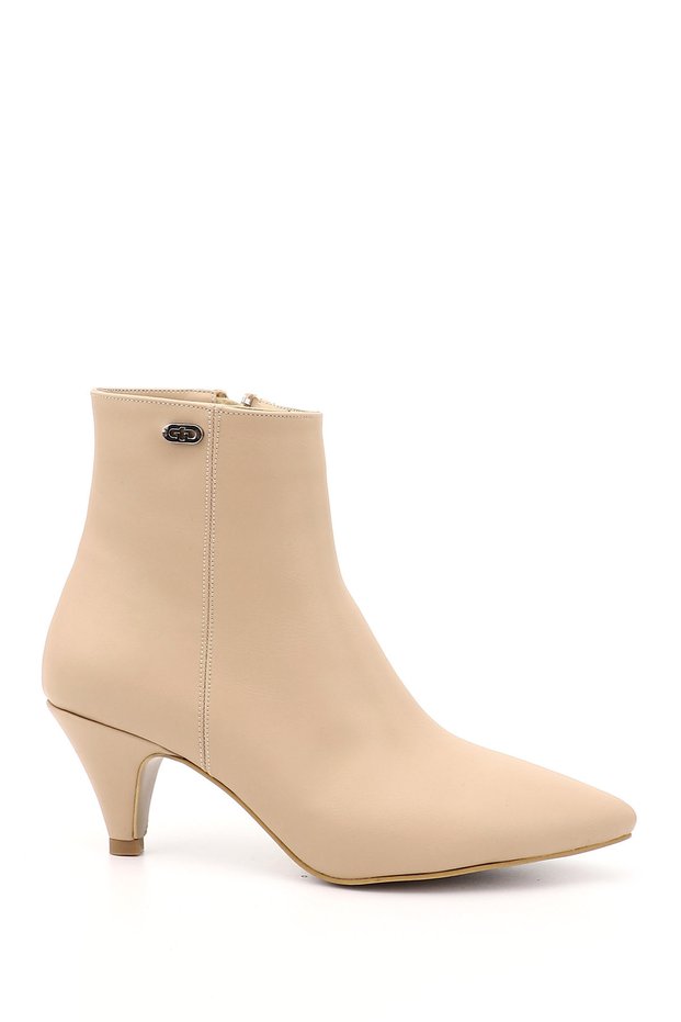 Women's Nude Zippered Pointed Toe Thin Heeled Boots