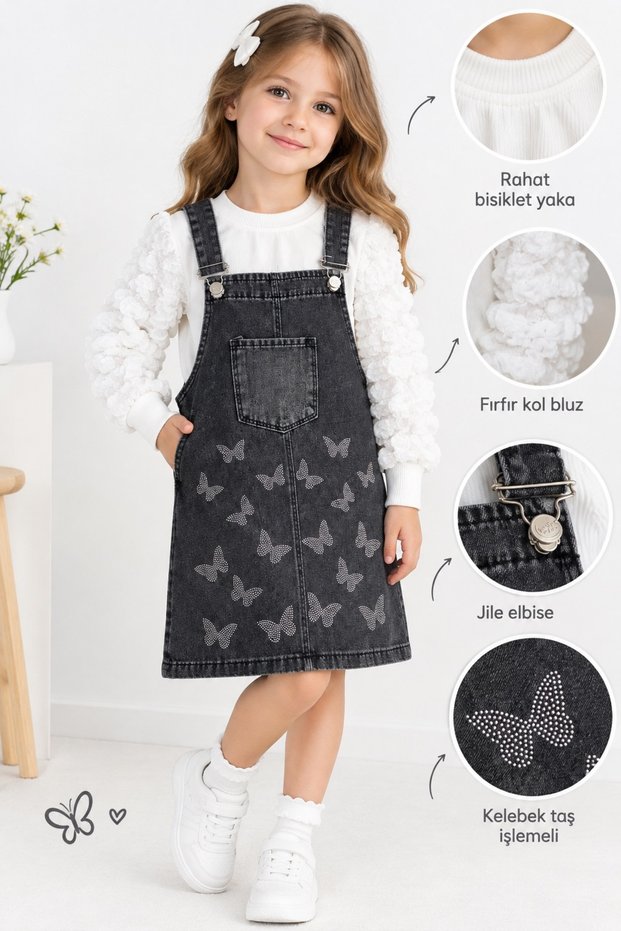 Girls' Festive Butterfly Stone Embroidered Jean Gilet Dress and Ruffle Sleeve Blouse Set 3-7 Years