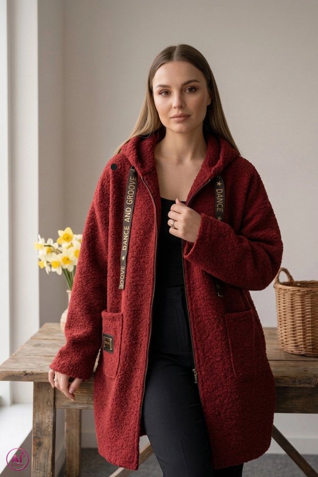 Women's Hooded Bordo Pocketed Curly Boucle Fabric Unlined Transitional Coat