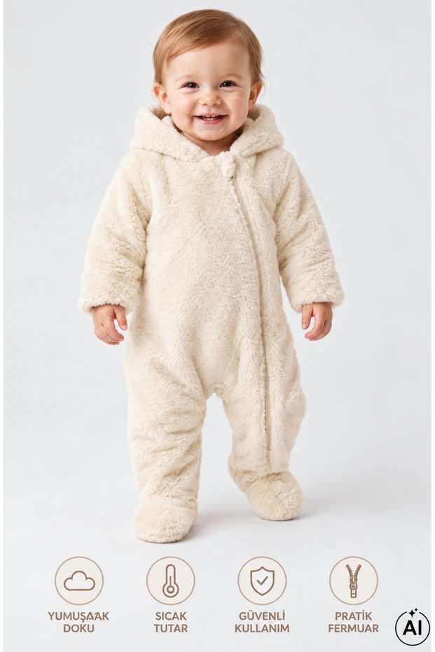 Baby Plush Astronaut Jumpsuit Cream Color Hooded Eared Footed Winter Wear
