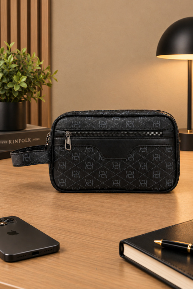 Unisex Black Leather Cosmetic Portfolio Bag Stylish Shaving Travel Bag Daily Care Bag Hand Bag