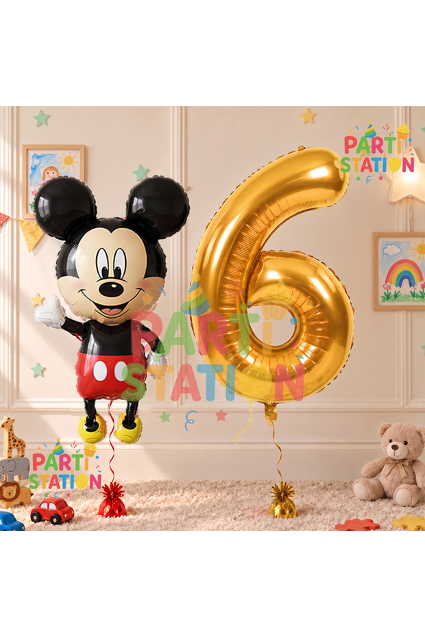 6 Year Old Birthday Mickey Mouse Balloon Set - Concept and Gold Number Balloon