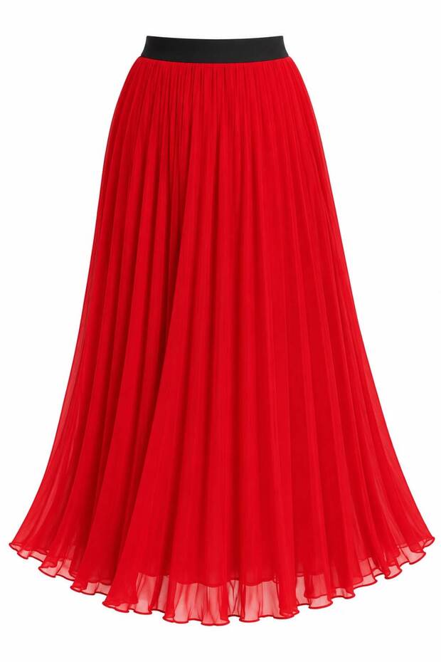 Pleated Chiffon Long Skirt Red High Waist Lined Women's Skirt