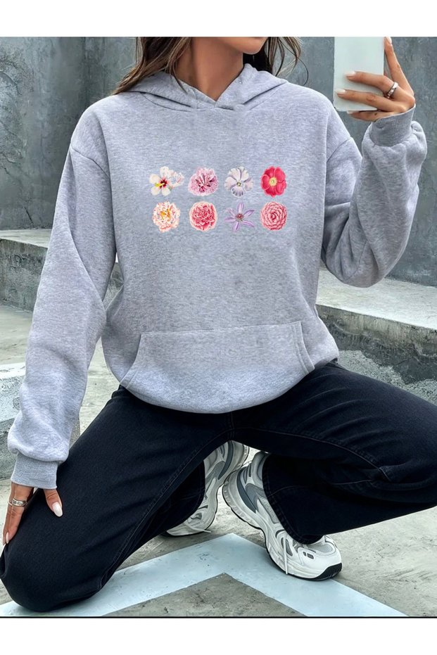 Flowers Printed Hooded Sweatshirt with Fleece Inside