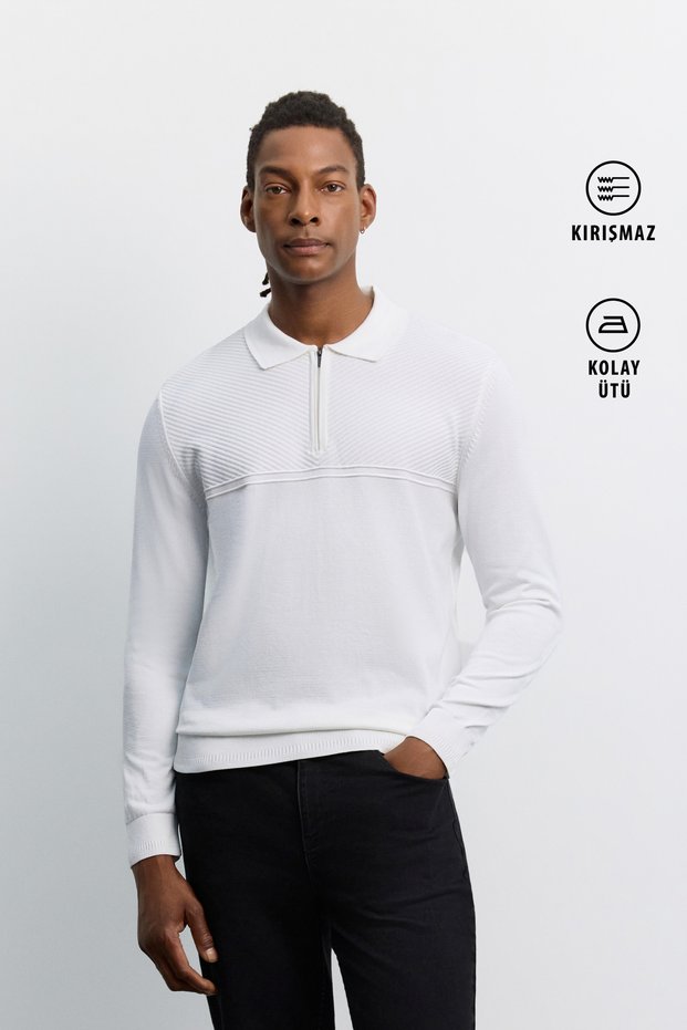 Men's Ecru Polo Collar Zippered Easy-Ironing Anti-Wrinkle Regular Fit Knitwear Sweater A62Y5010