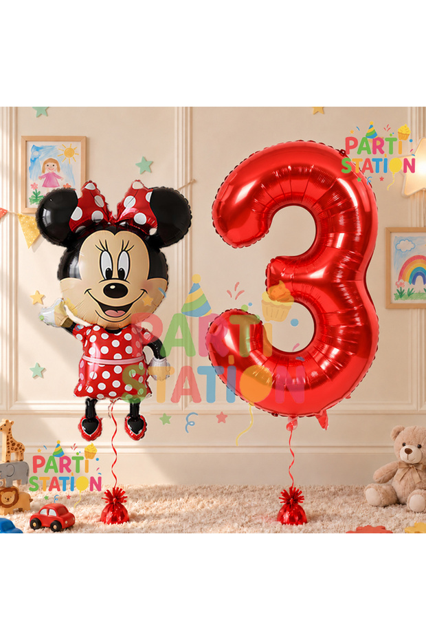 Minnie Mouse 3 Year Old Birthday Set - Concept Balloon and Red Figure