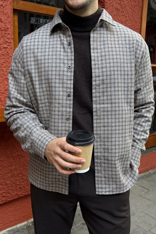 Yuan Oversize Fit 100% Cotton Men's Beige Plaid Shirt