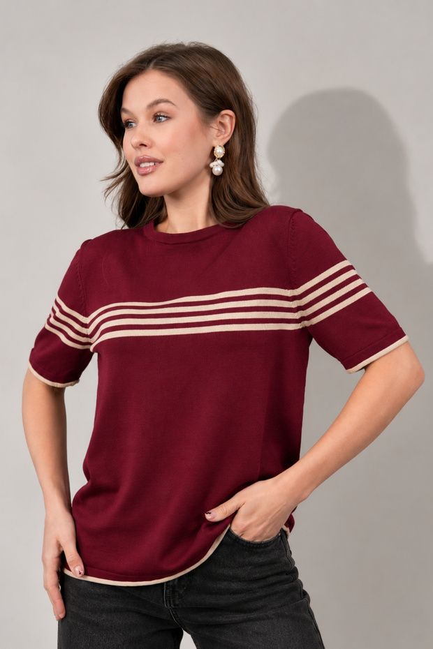 Women's Crew Neck Short Sleeve Striped Knit Blouse 25111 Burgundy-Beige