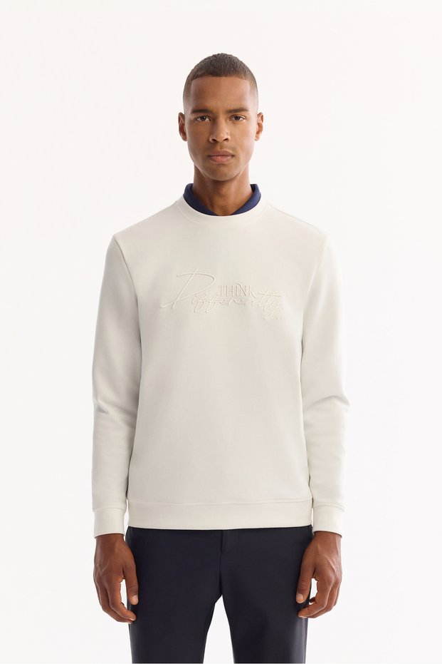 Men's Ecru Crew Neck Cotton Bi-Stretch Printed Regular Fit Sweatshirt A52Y1264