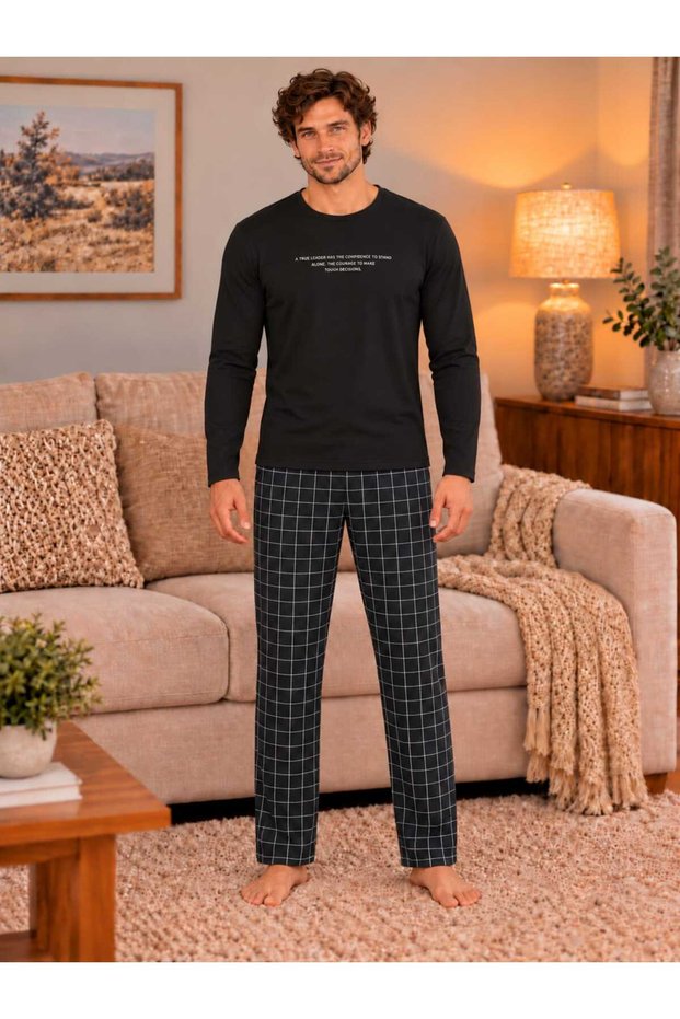 Men's Long Sleeve Black Color Plaid Patterned Pajama Set