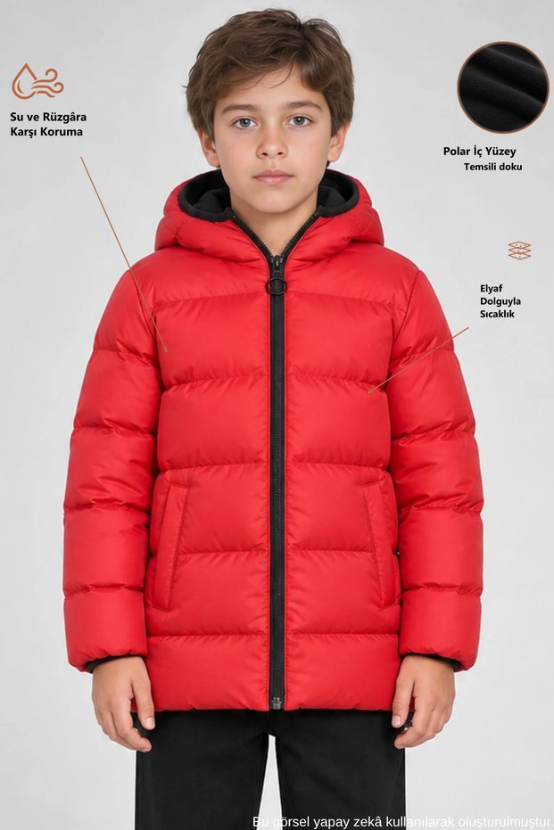 Boy's Red Fleece Hooded Waterproof Windproof Pocket Puffer Winter Coat