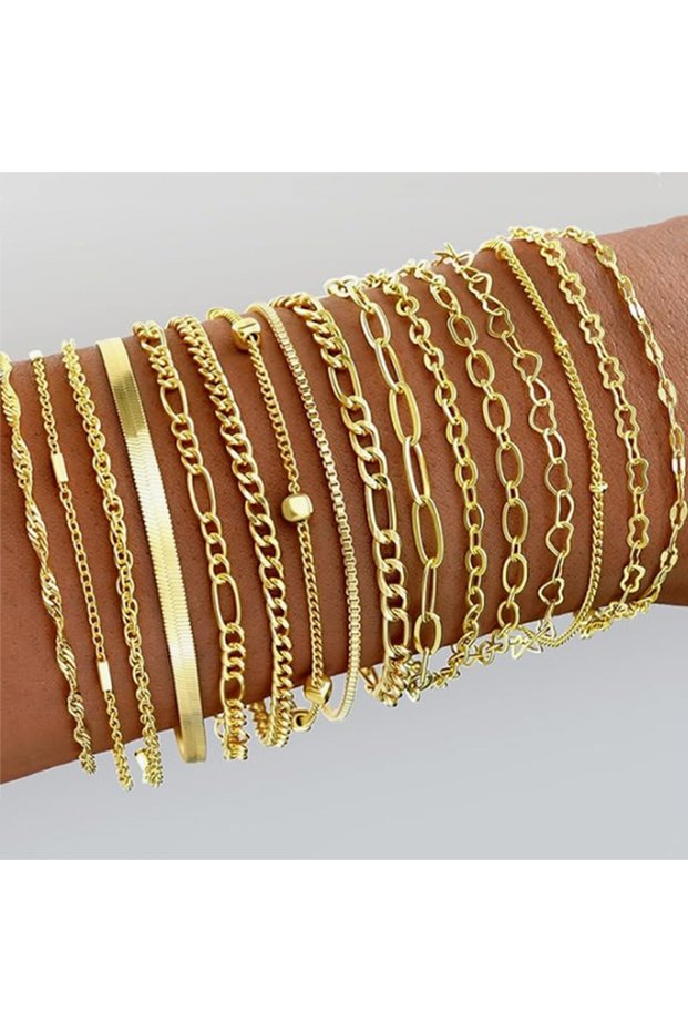AYA6580701 16pcs Fashion Boho Twist Chain Bracelet Set for Women Punk Gold Silver Color Adjustable C