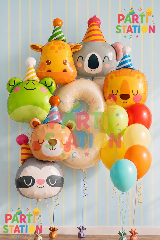 Safari Animals Concept 1 Year Old Cream Balloon Set 13 Piece Animal Balloon with Hat Birthday Set Lion Giraffe Frog Koala Bear Raccoon Balloon