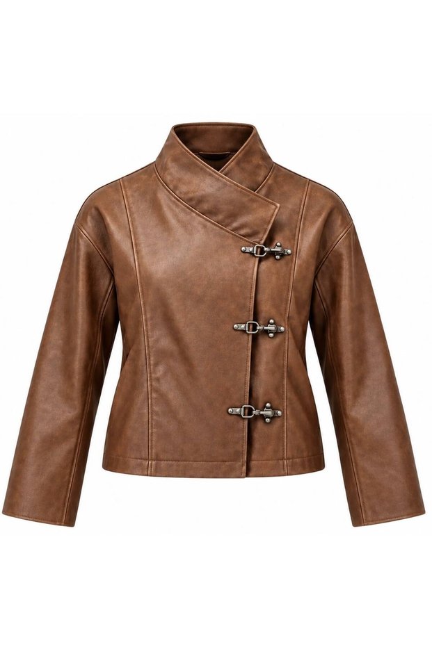 Women's Brown Leather Look Metal Clasp Stand Collar Short Jacket