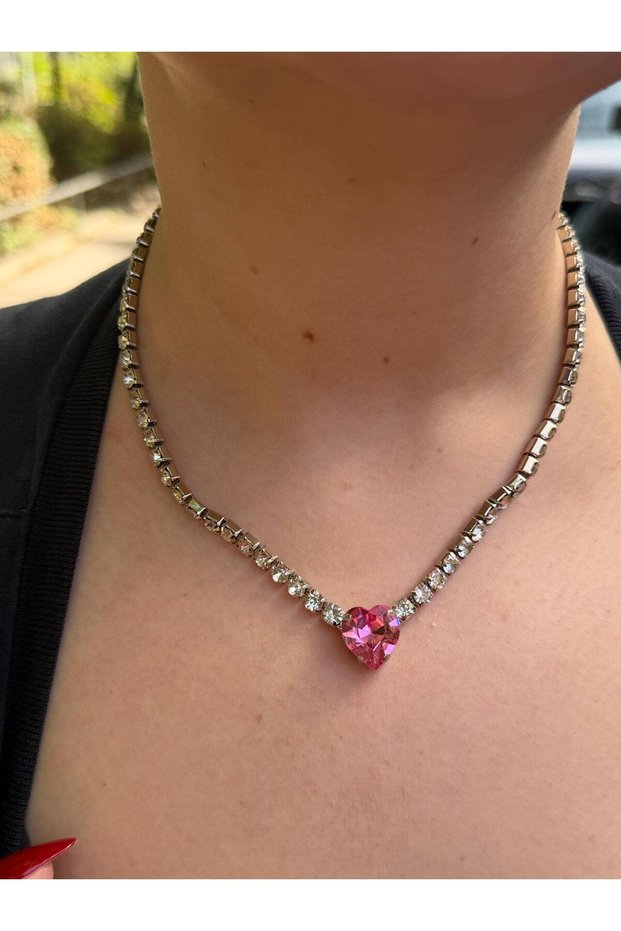 Heart Zircon Stone Silver Color Tennis Necklace - Pink