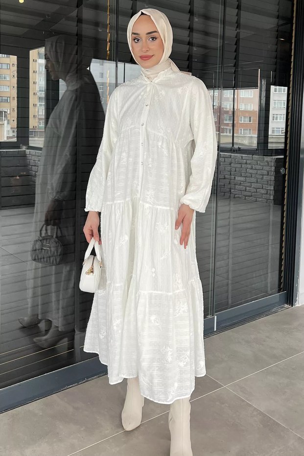 Women's Front Buttoned Ruffled Hijab Dress with Elasticated Ankles