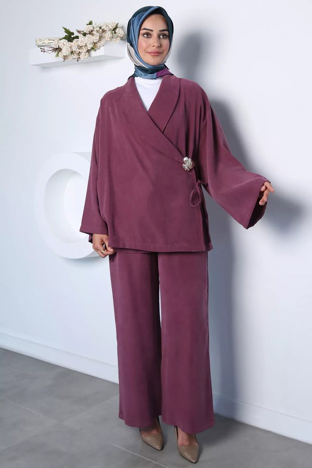 Front-Tie Buckle Jacket and Pants Hijab Double Set