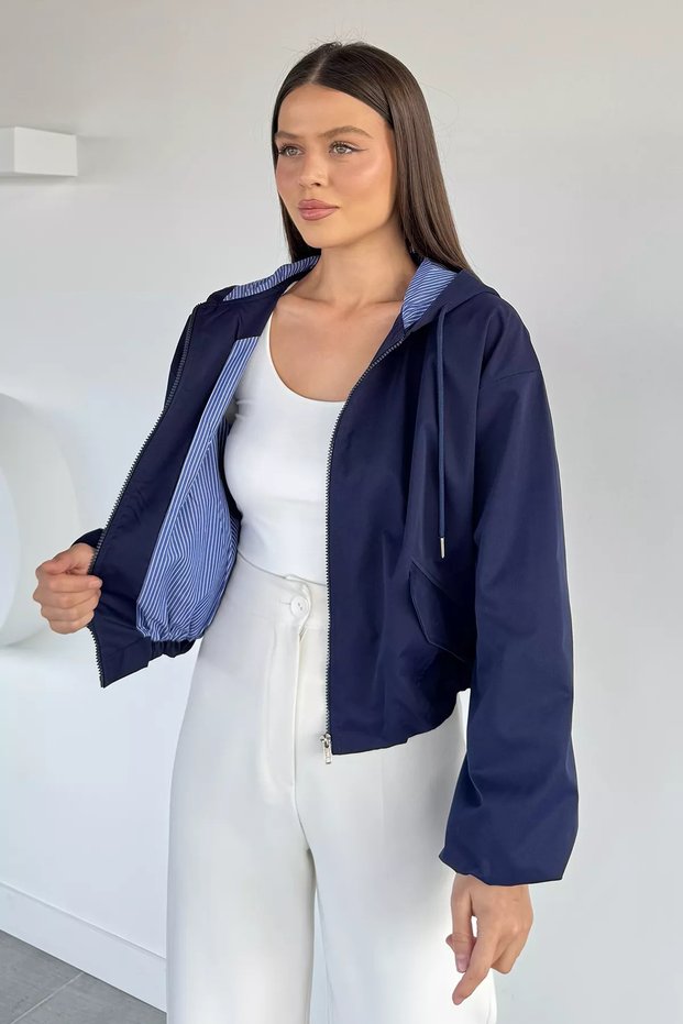 Women's hooded elastic double pocket seasonal coat