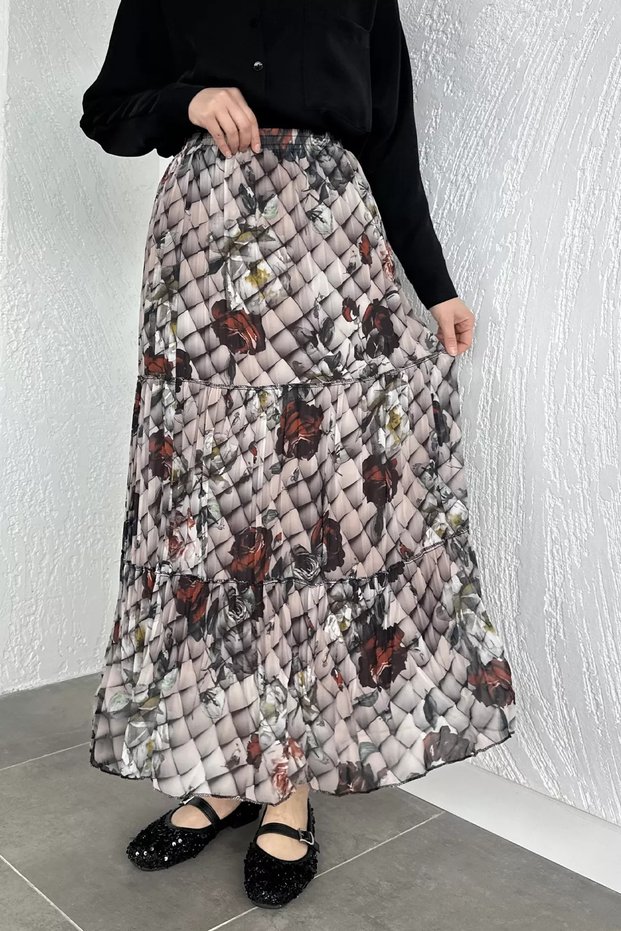 Patterned Chiffon Hijab Skirt with Elastic Waist