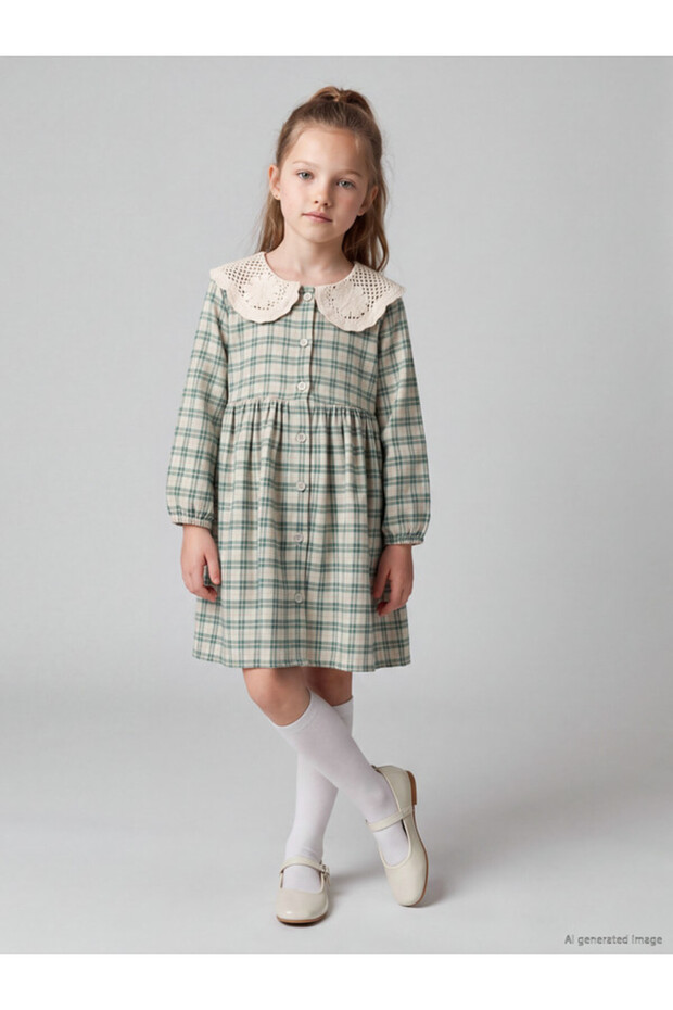 Quality Pieces from Çelebi Store Bebe Roba Collar Checked Embroidered Girl's Dress