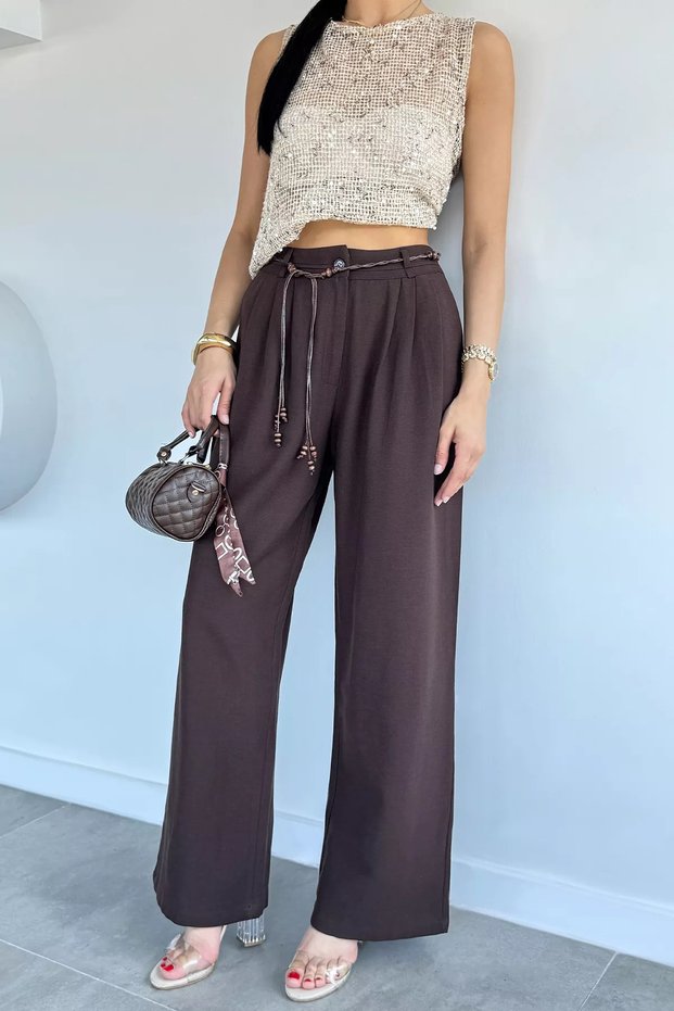 Women's High Waist Pleated Palazzo Pants with Accessory Detail