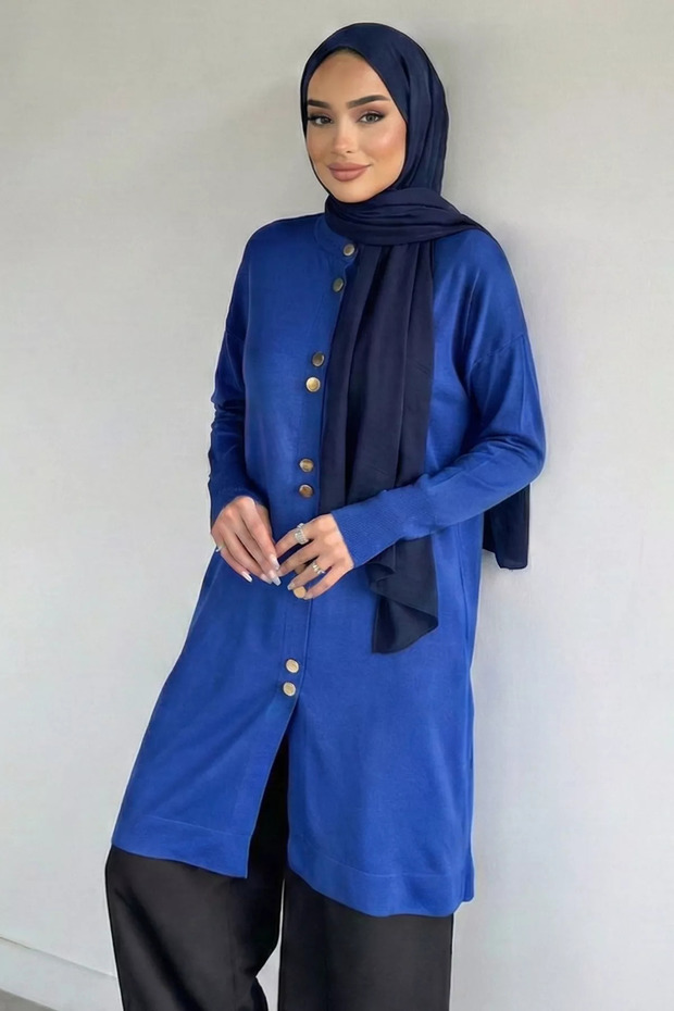 Women's Gold Button Detailed Hijab Knitwear Cardigan