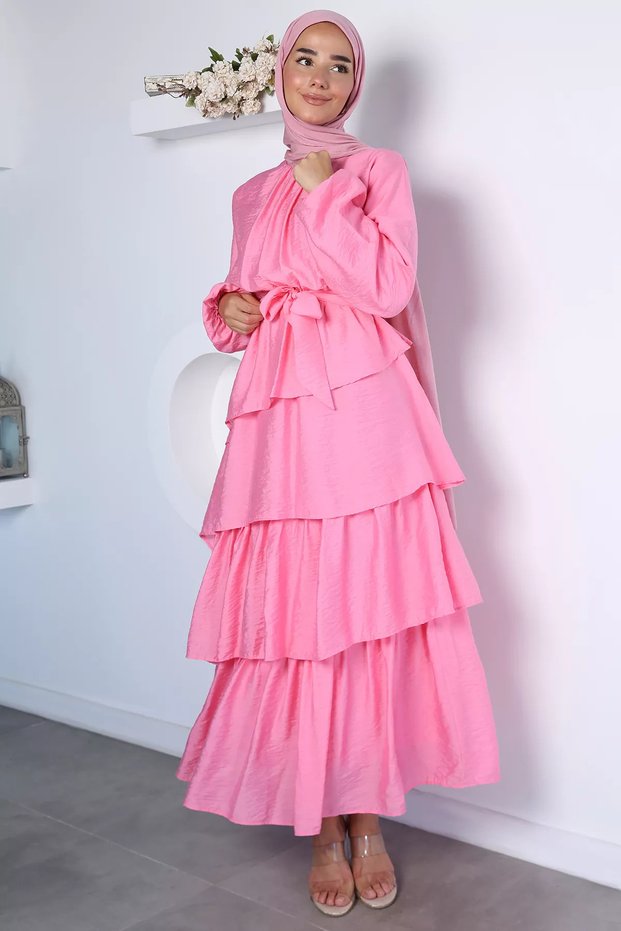 Ruffled Hijab Dress with Elastic Waist and Belt Detail